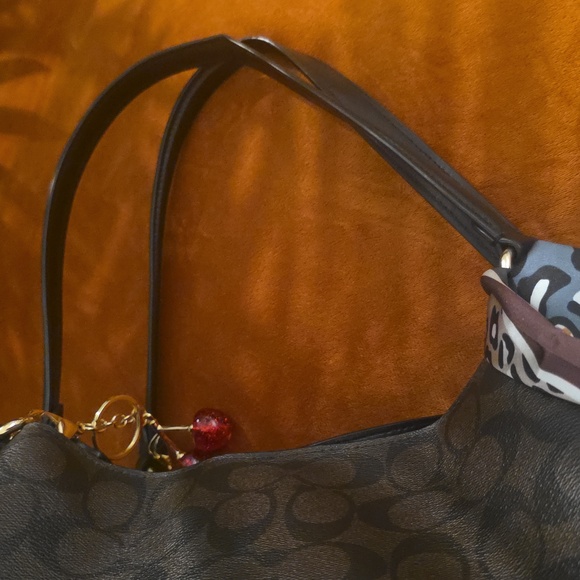 Coach Dark Brown Shoulder Bag with Scarf Accent & Purse Charm. L - Picture 9 of 13